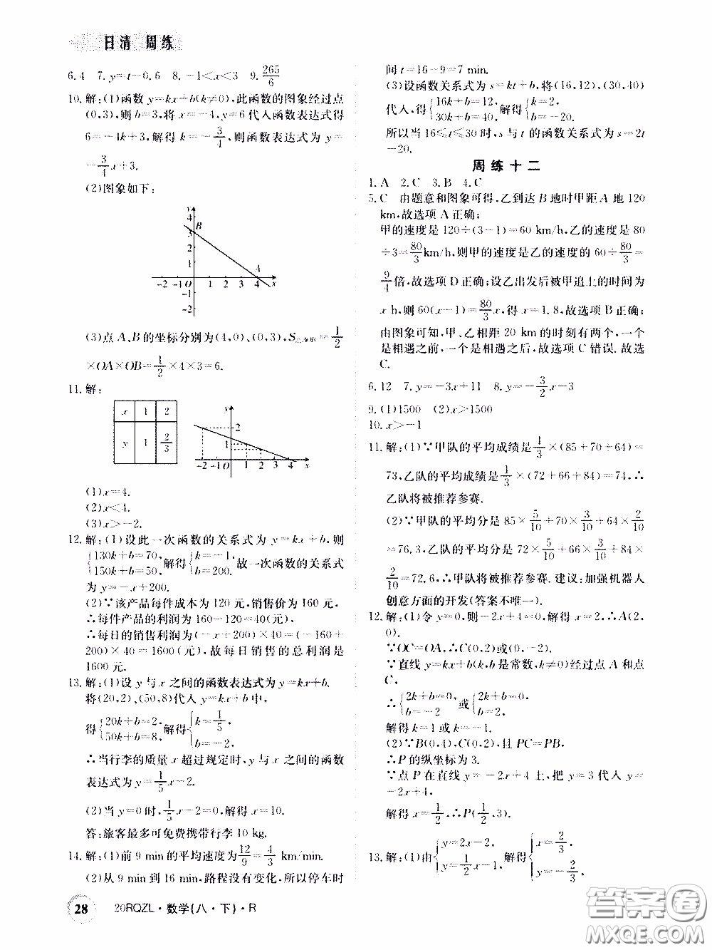 2020年日清周練限時提升卷數(shù)學八年級下冊R人教版參考答案