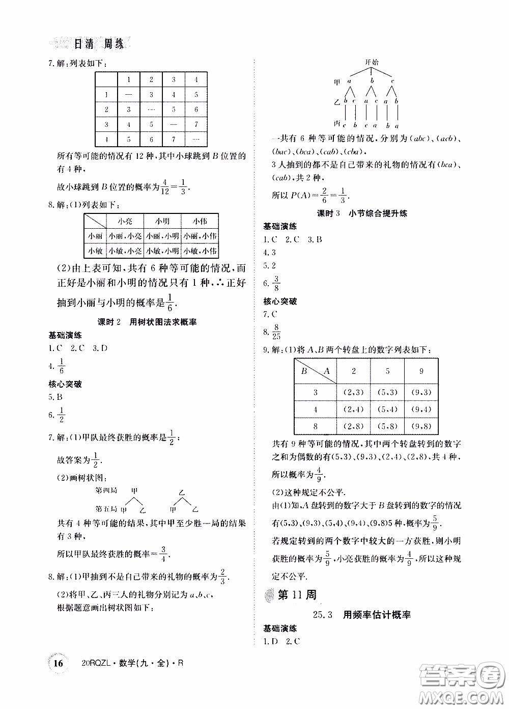 2020年日清周練限時提升卷數學九年級全一冊R人教版參考答案