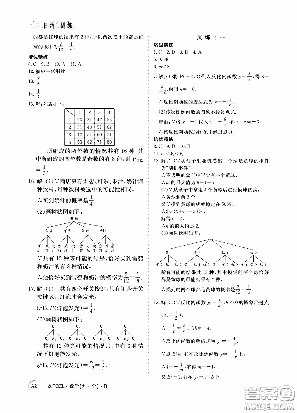 2020年日清周練限時提升卷數學九年級全一冊R人教版參考答案