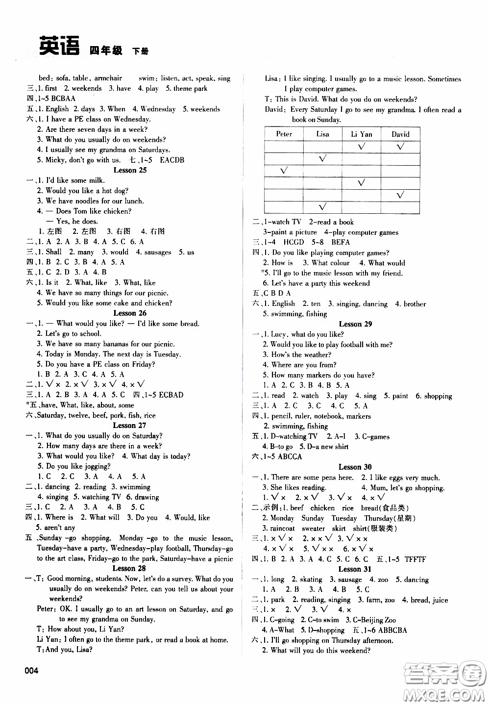 2020年學(xué)習(xí)質(zhì)量監(jiān)測英語四年級下冊人教版參考答案