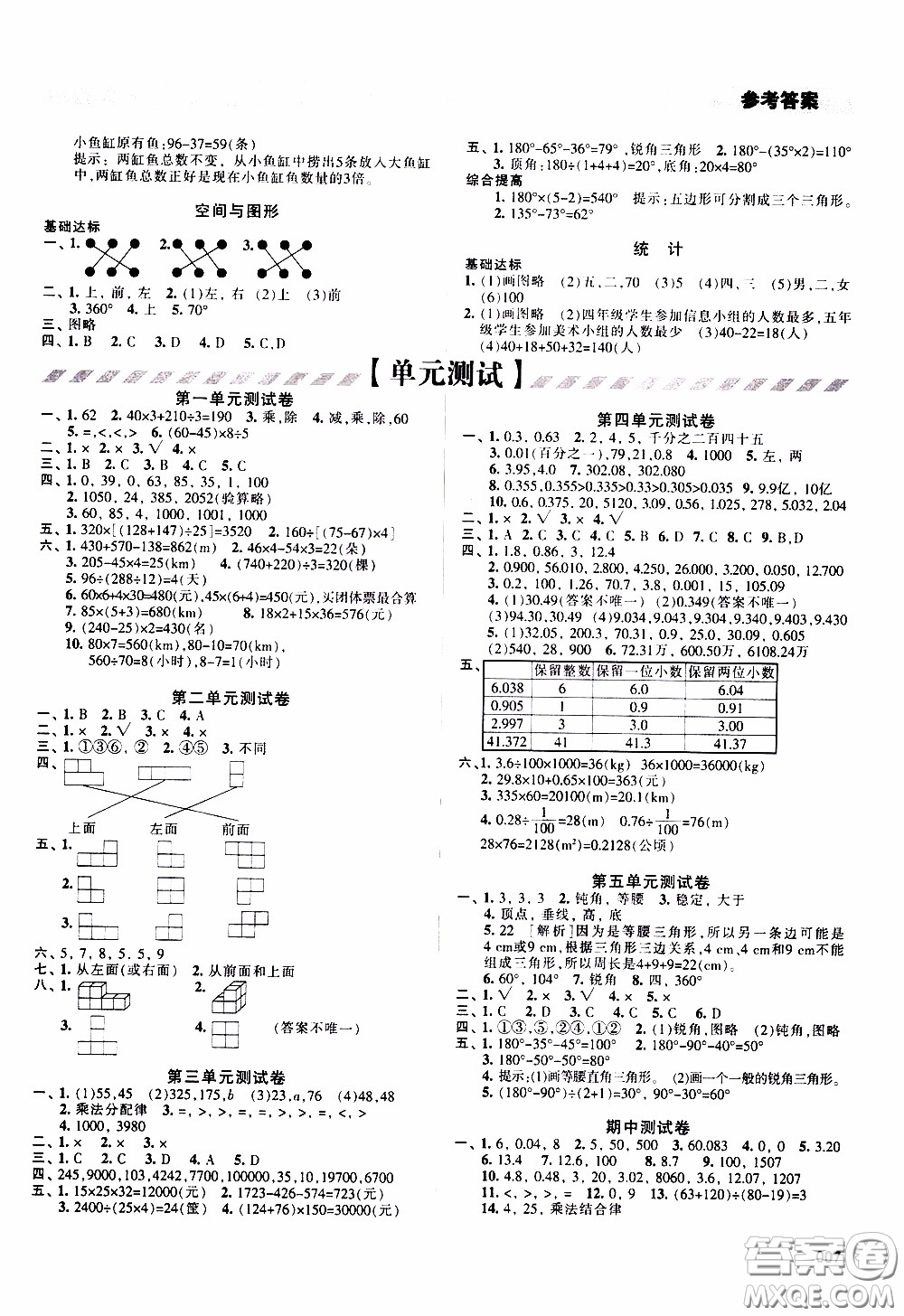 2020年學習質(zhì)量監(jiān)測數(shù)學四年級下冊人教版參考答案
