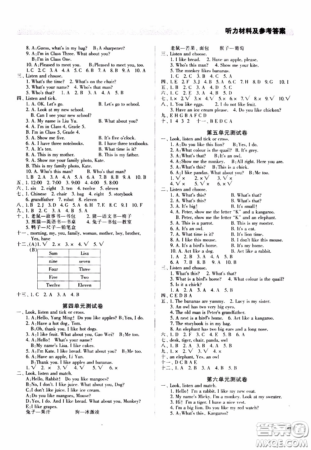 2020年學習質(zhì)量監(jiān)測英語三年級下冊人教版參考答案