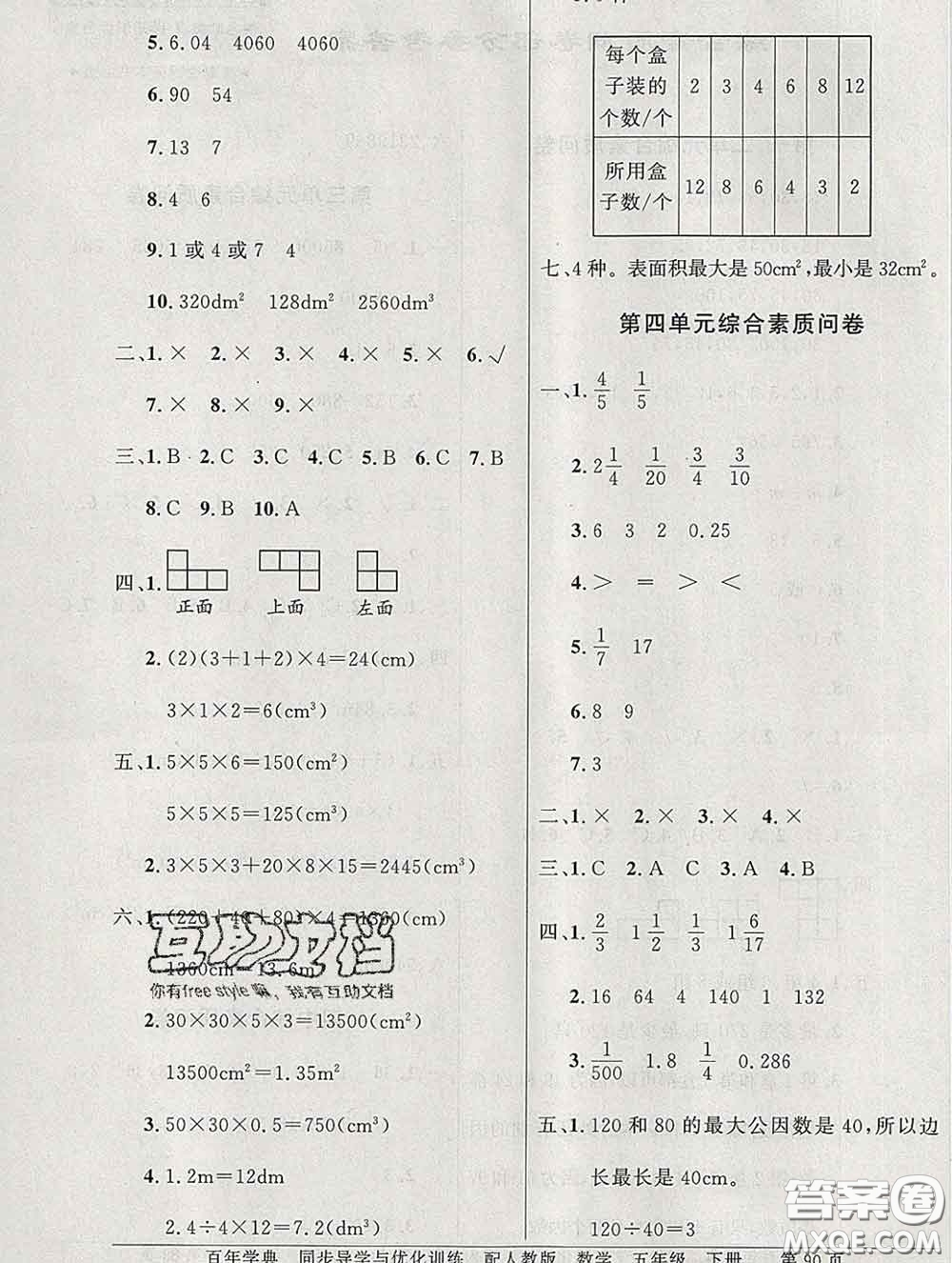 百年學(xué)典2020新版同步導(dǎo)學(xué)與優(yōu)化訓(xùn)練五年級(jí)數(shù)學(xué)下冊人教版參考答案