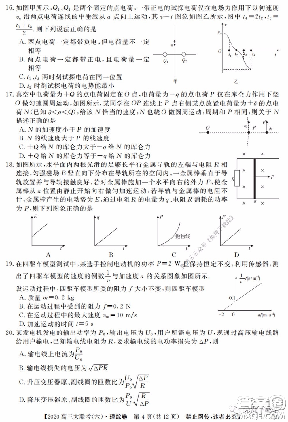 全國(guó)百所名校2020屆高三大聯(lián)考調(diào)研試卷六理綜試題及答案