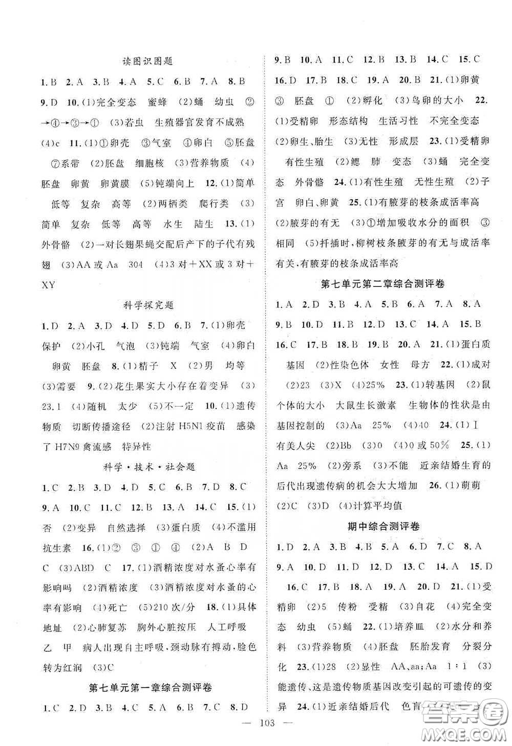 長江出版?zhèn)髅?020智慧萬羽名師學(xué)案分層進階學(xué)習(xí)法八年級生物下冊答案