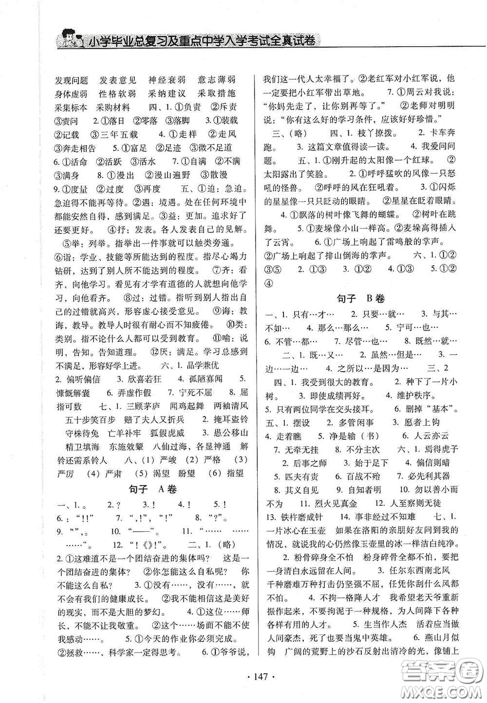 小學(xué)畢業(yè)總復(fù)習(xí)及重點(diǎn)中學(xué)入學(xué)考試全真試卷語文答案