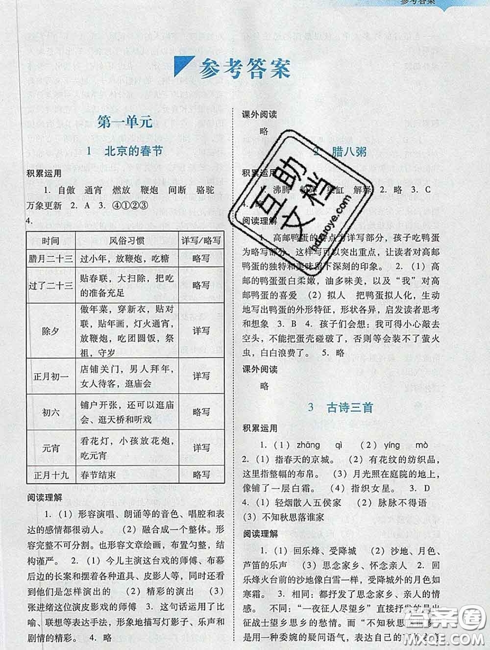 2020新版陽(yáng)光學(xué)業(yè)評(píng)價(jià)六年級(jí)語(yǔ)文下冊(cè)人教版參考答案