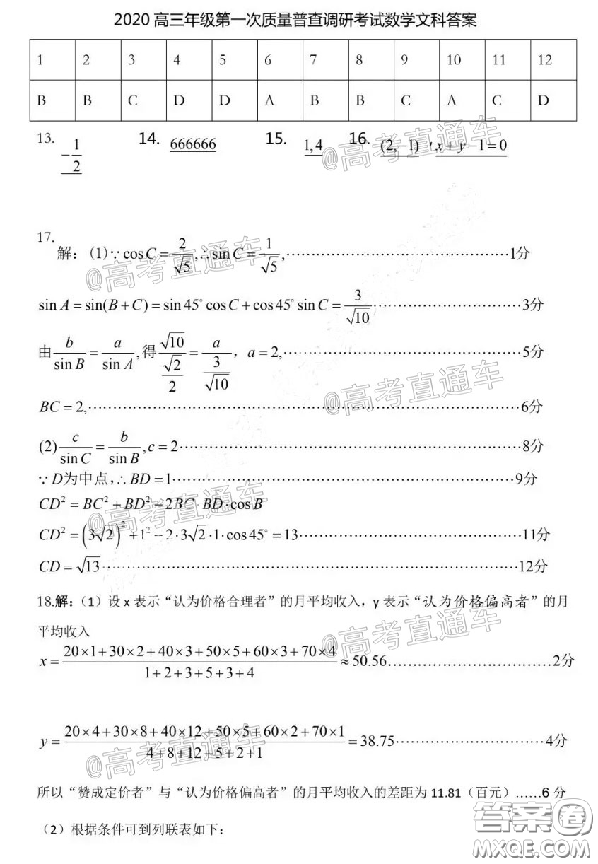 2020年呼和浩特市高三年級(jí)第一次質(zhì)量普查調(diào)研考試文科數(shù)學(xué)試題及答案