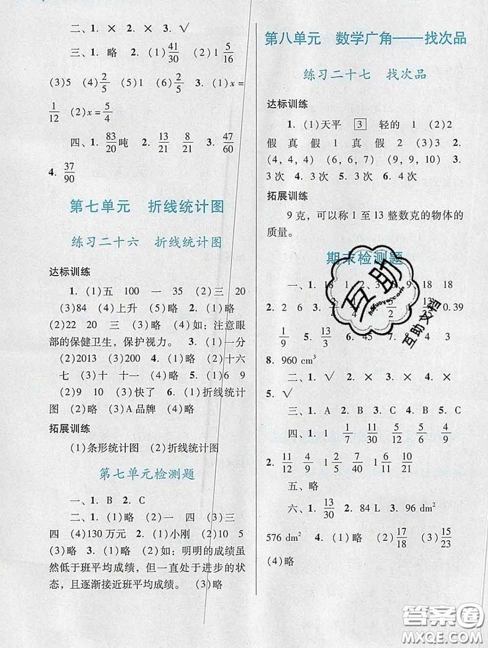 2020新版陽(yáng)光學(xué)業(yè)評(píng)價(jià)五年級(jí)數(shù)學(xué)下冊(cè)人教版參考答案