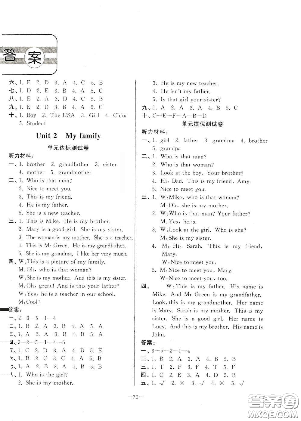 山東文藝出版社2020小學(xué)單元測(cè)試卷三年級(jí)英語(yǔ)下冊(cè)人教版答案