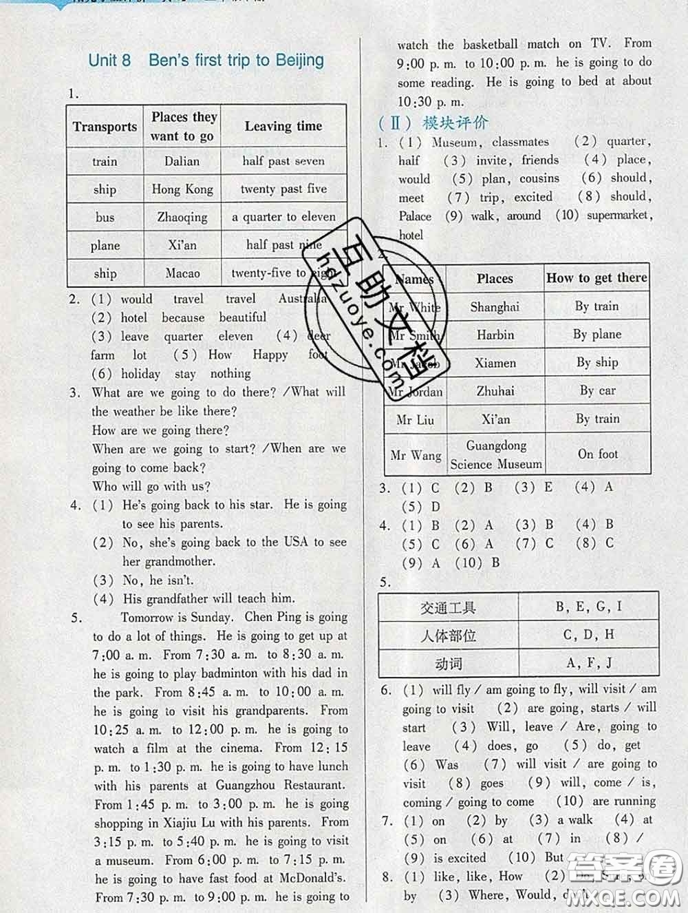 2020新版陽光學(xué)業(yè)評價五年級英語下冊教科版參考答案