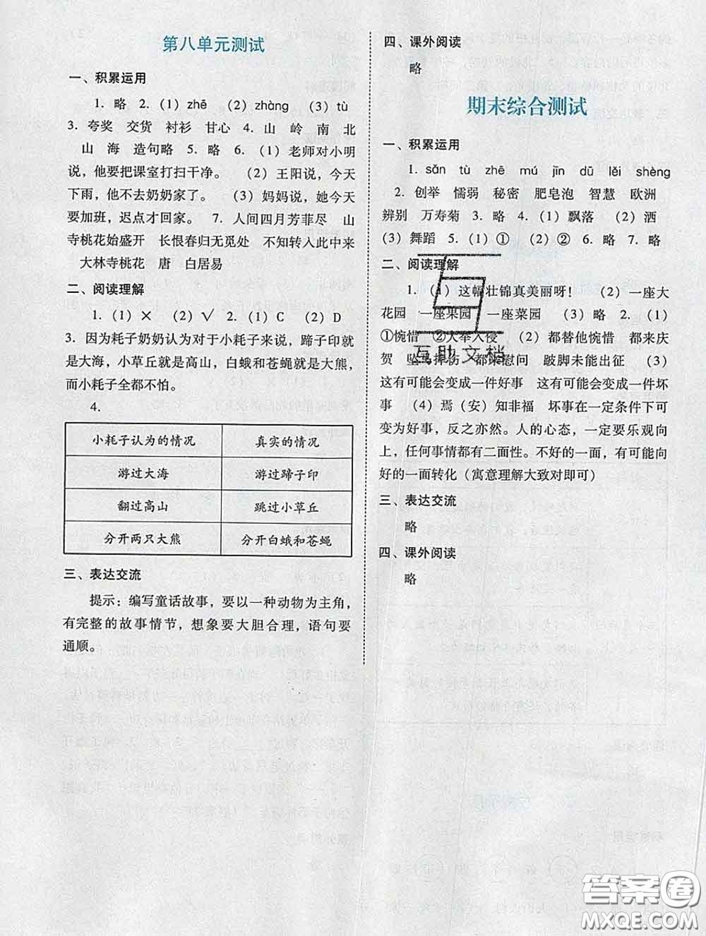 2020新版陽光學(xué)業(yè)評價(jià)三年級語文下冊人教版參考答案
