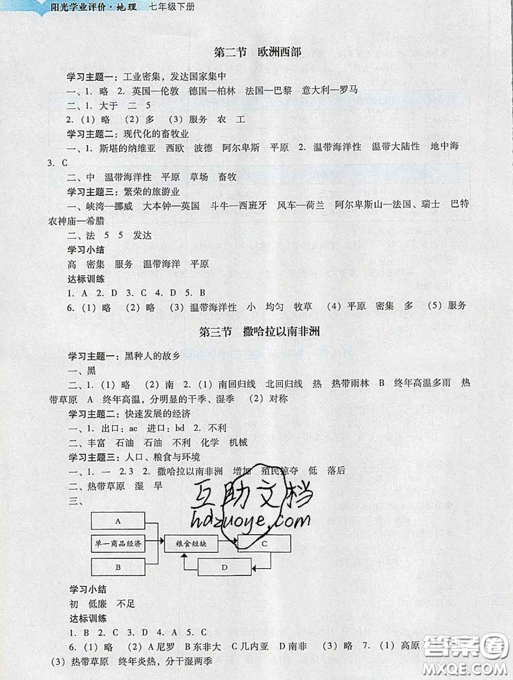 2020新版陽光學業(yè)評價七年級地理下冊人教版參考答案