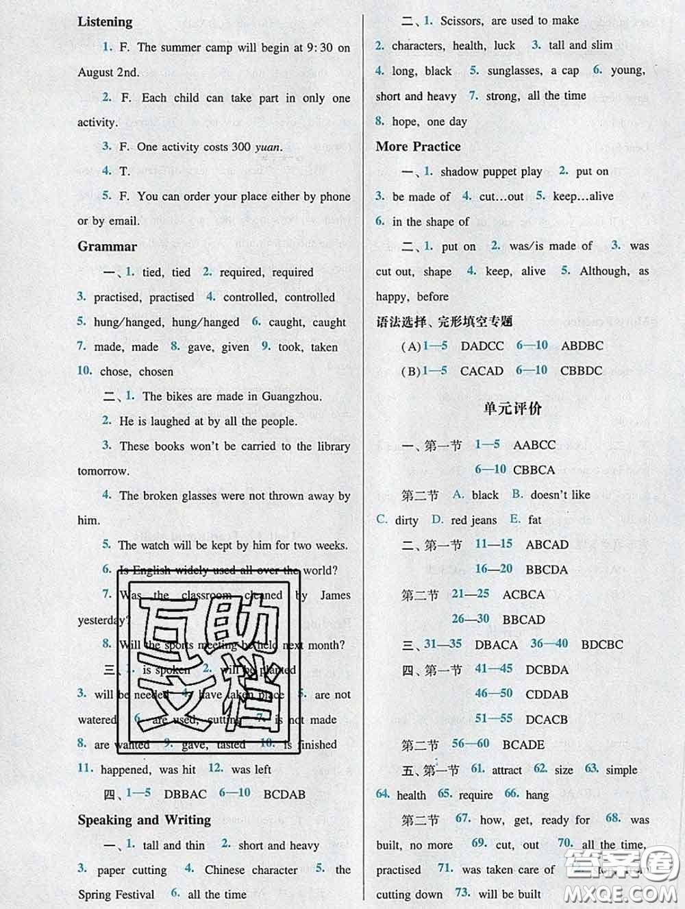 2020新版陽光學業(yè)評價八年級英語下冊滬教版參考答案