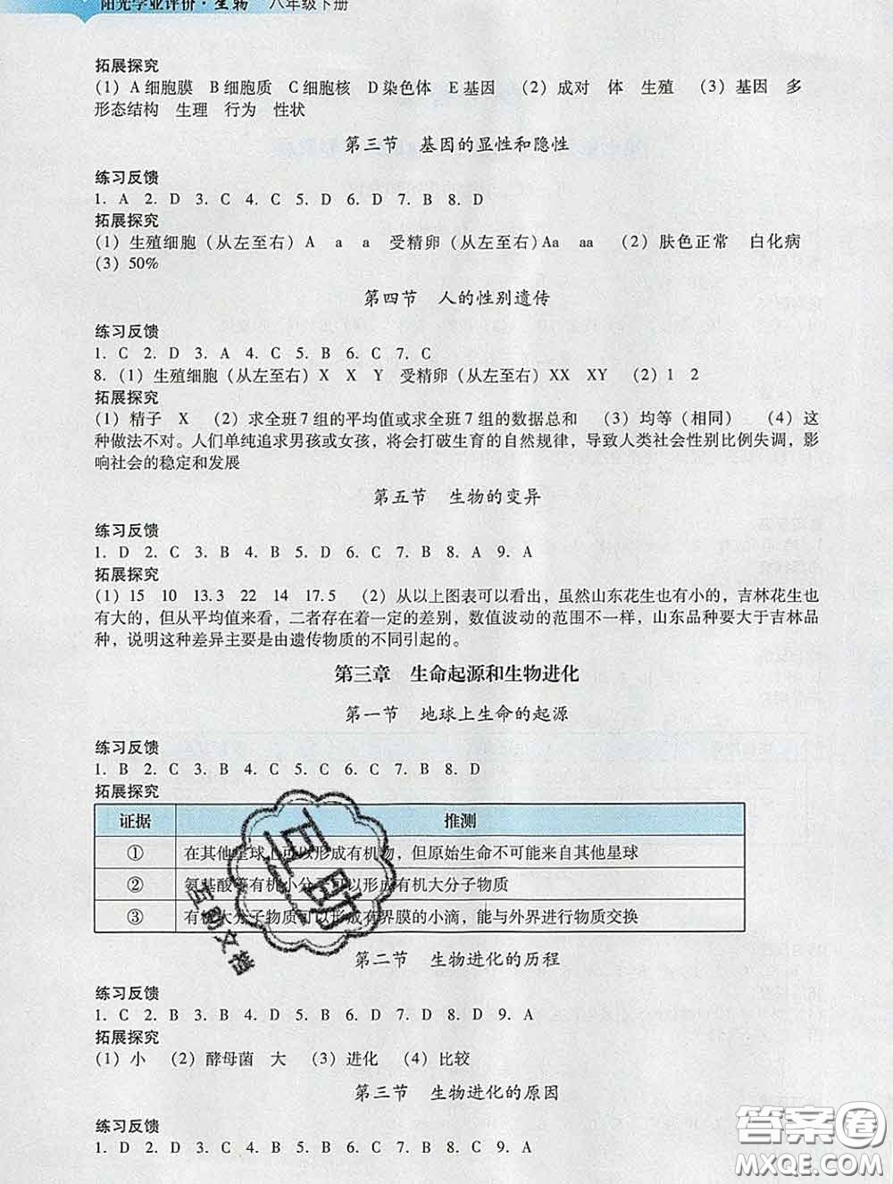 2020新版陽光學業(yè)評價八年級生物下冊人教版參考答案