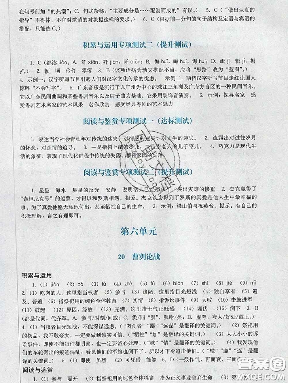 2020新版陽(yáng)光學(xué)業(yè)評(píng)價(jià)九年級(jí)語(yǔ)文下冊(cè)人教版參考答案