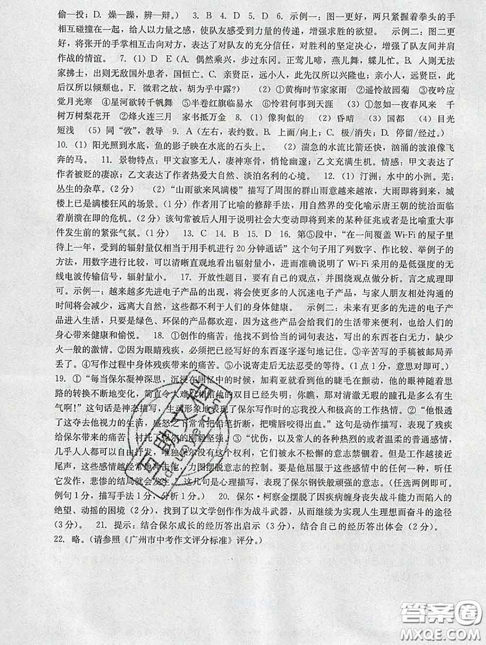 2020新版陽(yáng)光學(xué)業(yè)評(píng)價(jià)九年級(jí)語(yǔ)文下冊(cè)人教版參考答案