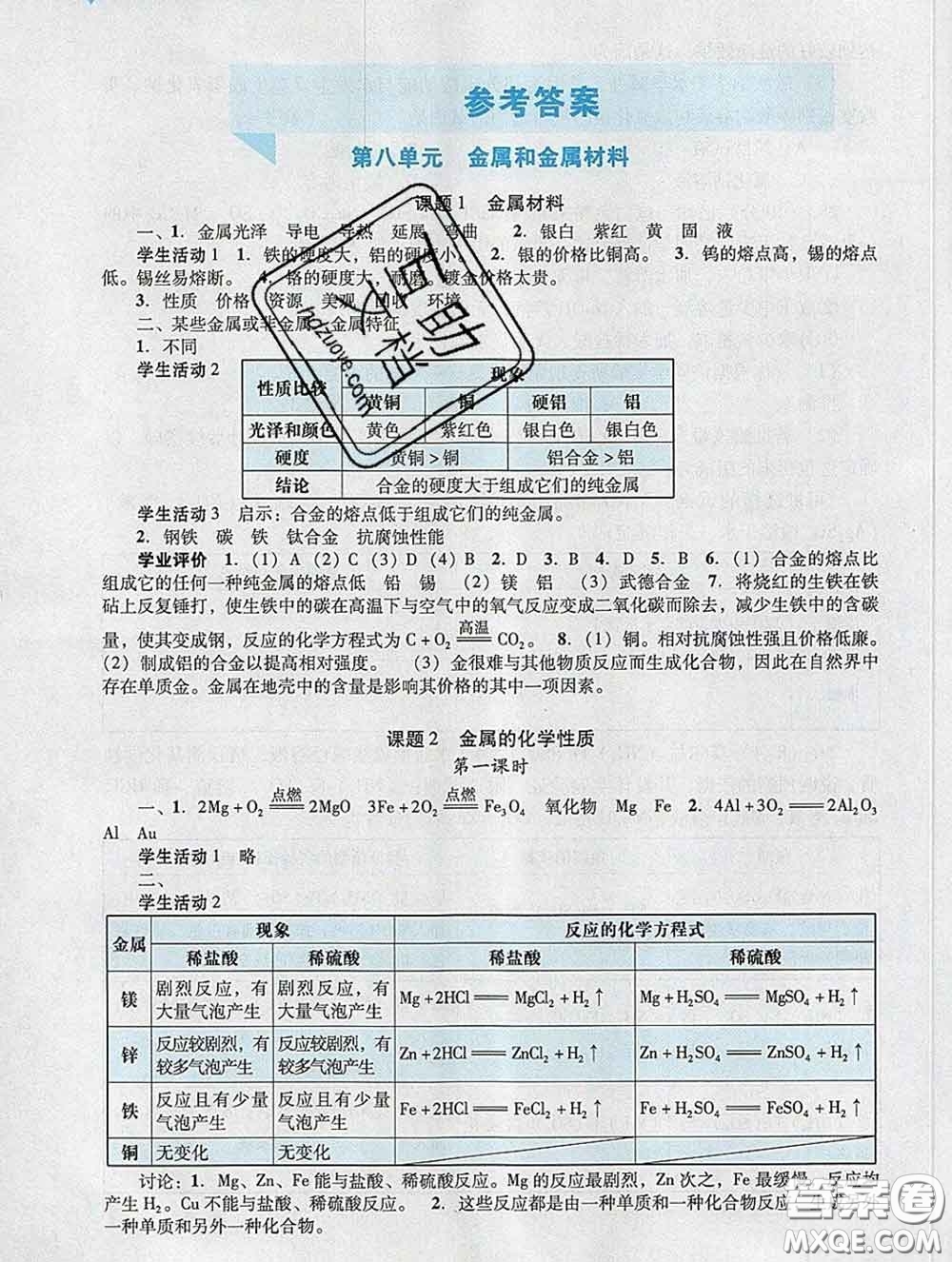 2020新版陽光學(xué)業(yè)評價九年級化學(xué)下冊人教版參考答案