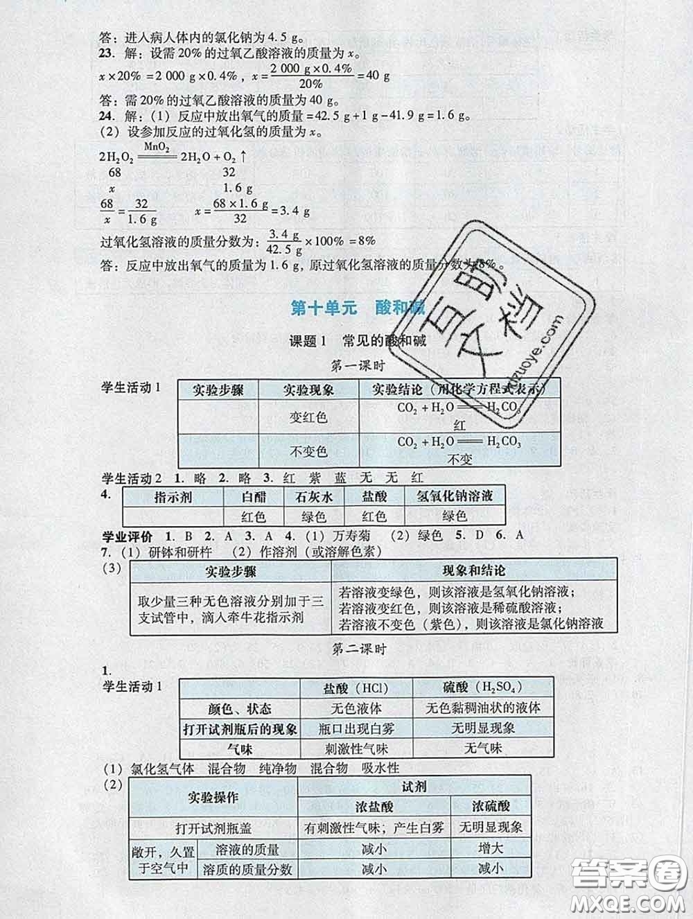 2020新版陽光學(xué)業(yè)評價九年級化學(xué)下冊人教版參考答案