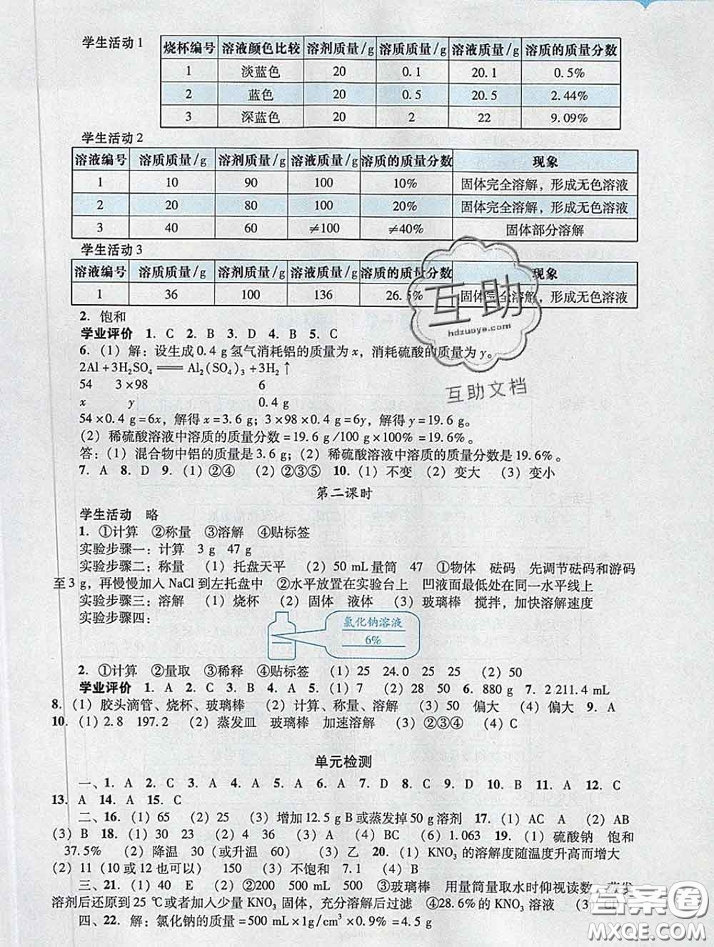 2020新版陽光學(xué)業(yè)評價九年級化學(xué)下冊人教版參考答案
