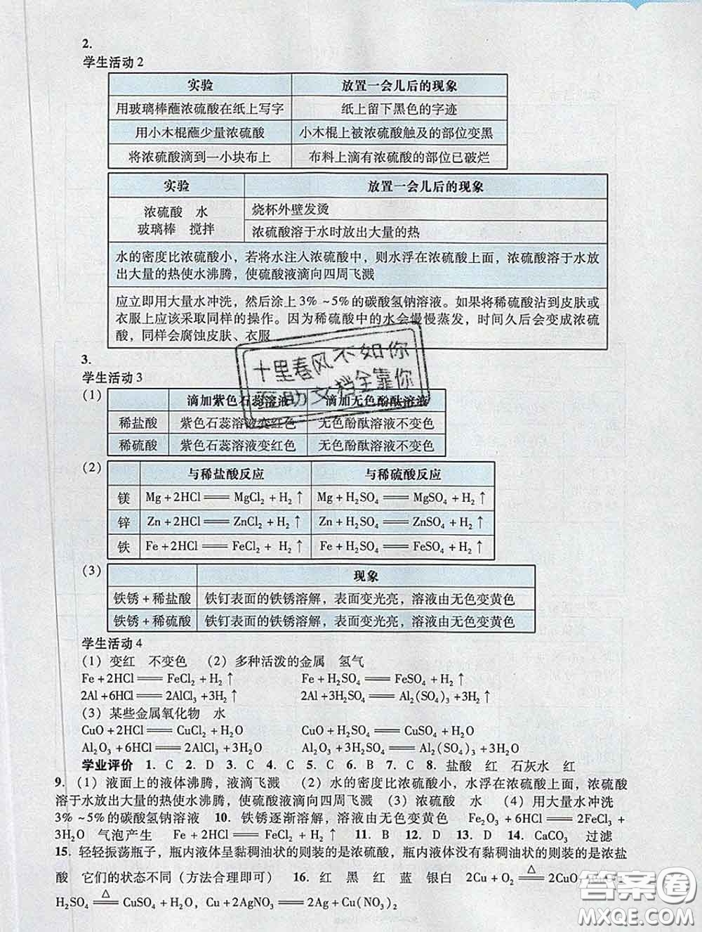 2020新版陽光學(xué)業(yè)評價九年級化學(xué)下冊人教版參考答案