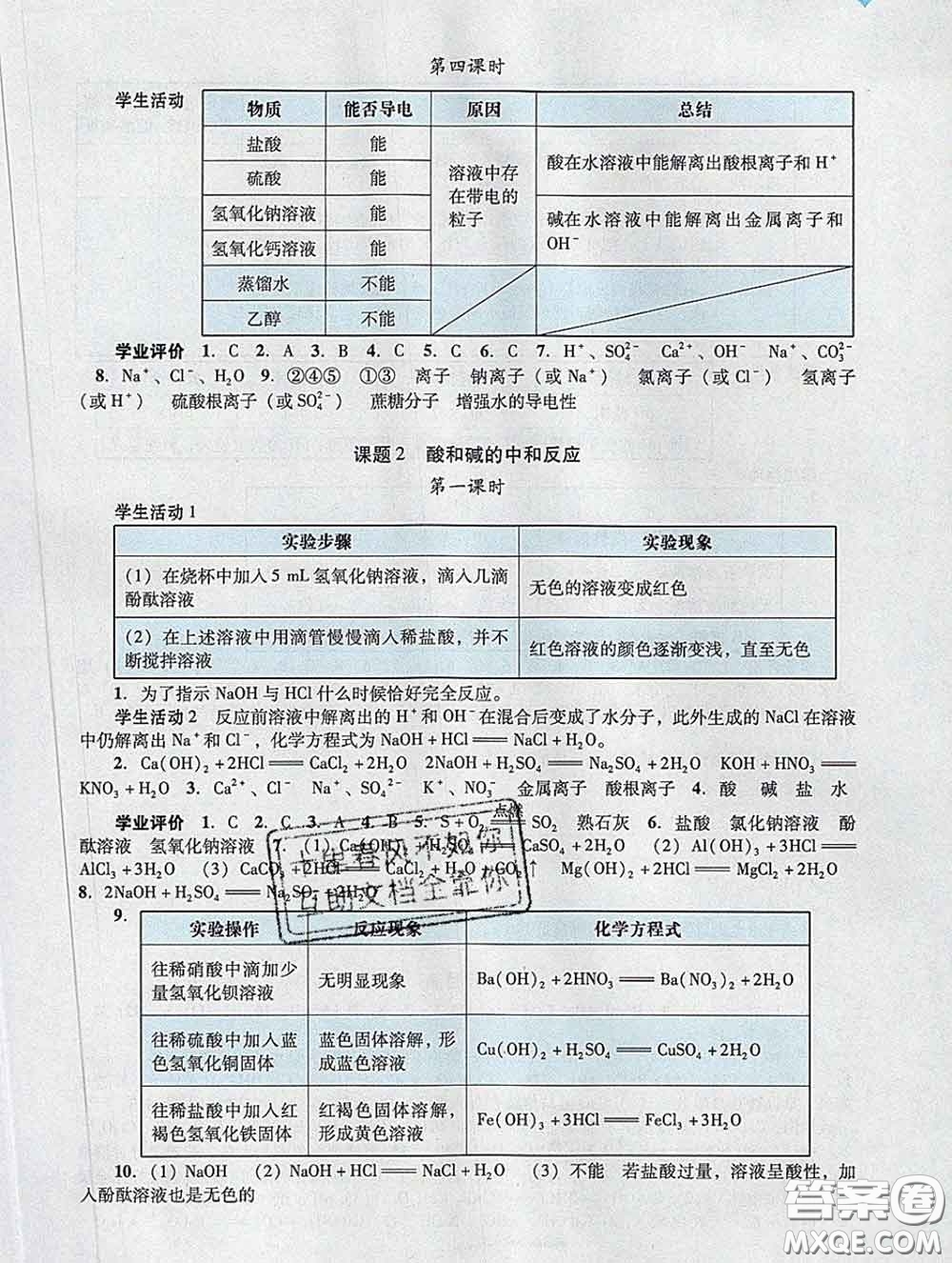 2020新版陽光學(xué)業(yè)評價九年級化學(xué)下冊人教版參考答案