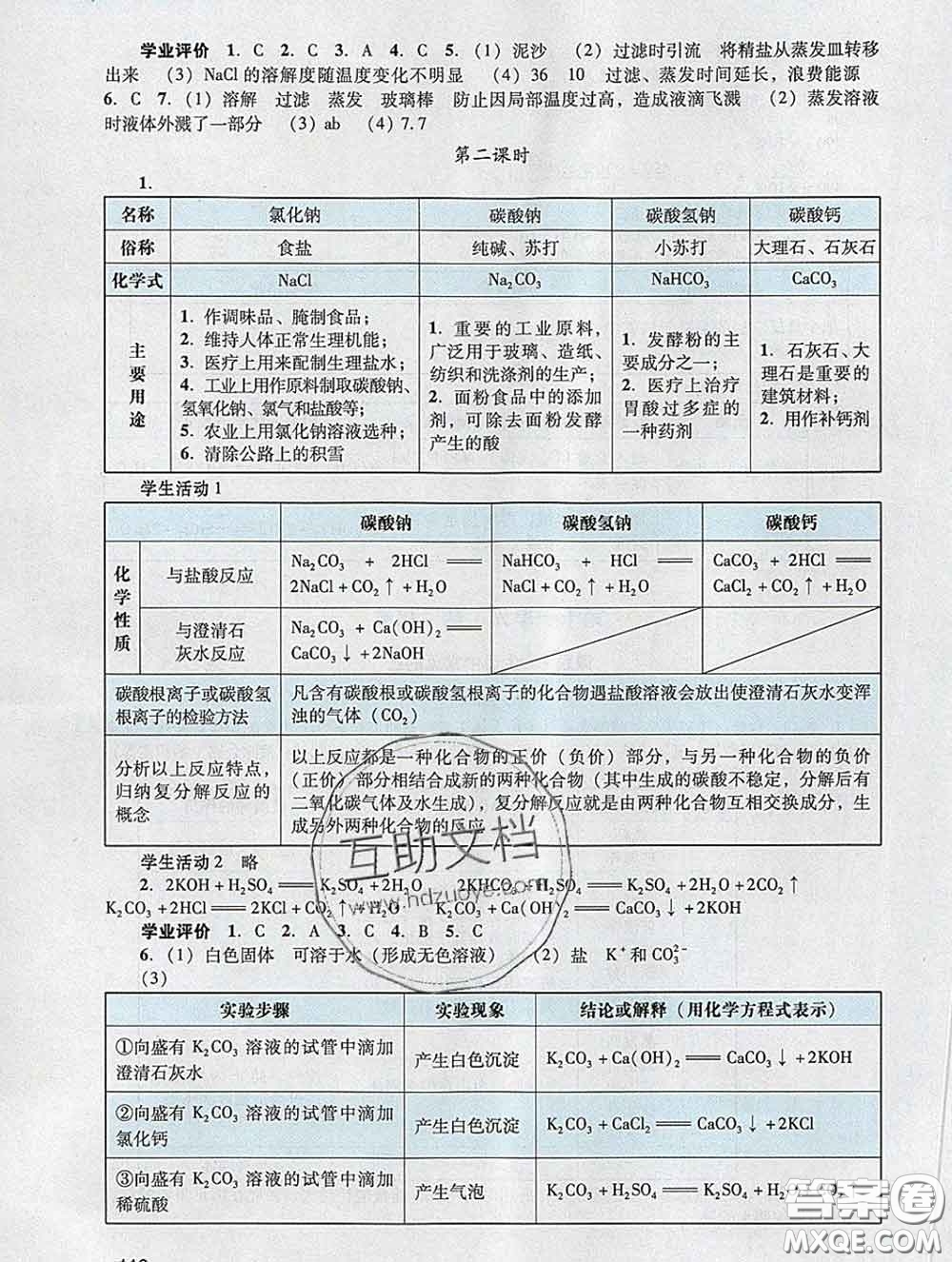 2020新版陽光學(xué)業(yè)評價九年級化學(xué)下冊人教版參考答案