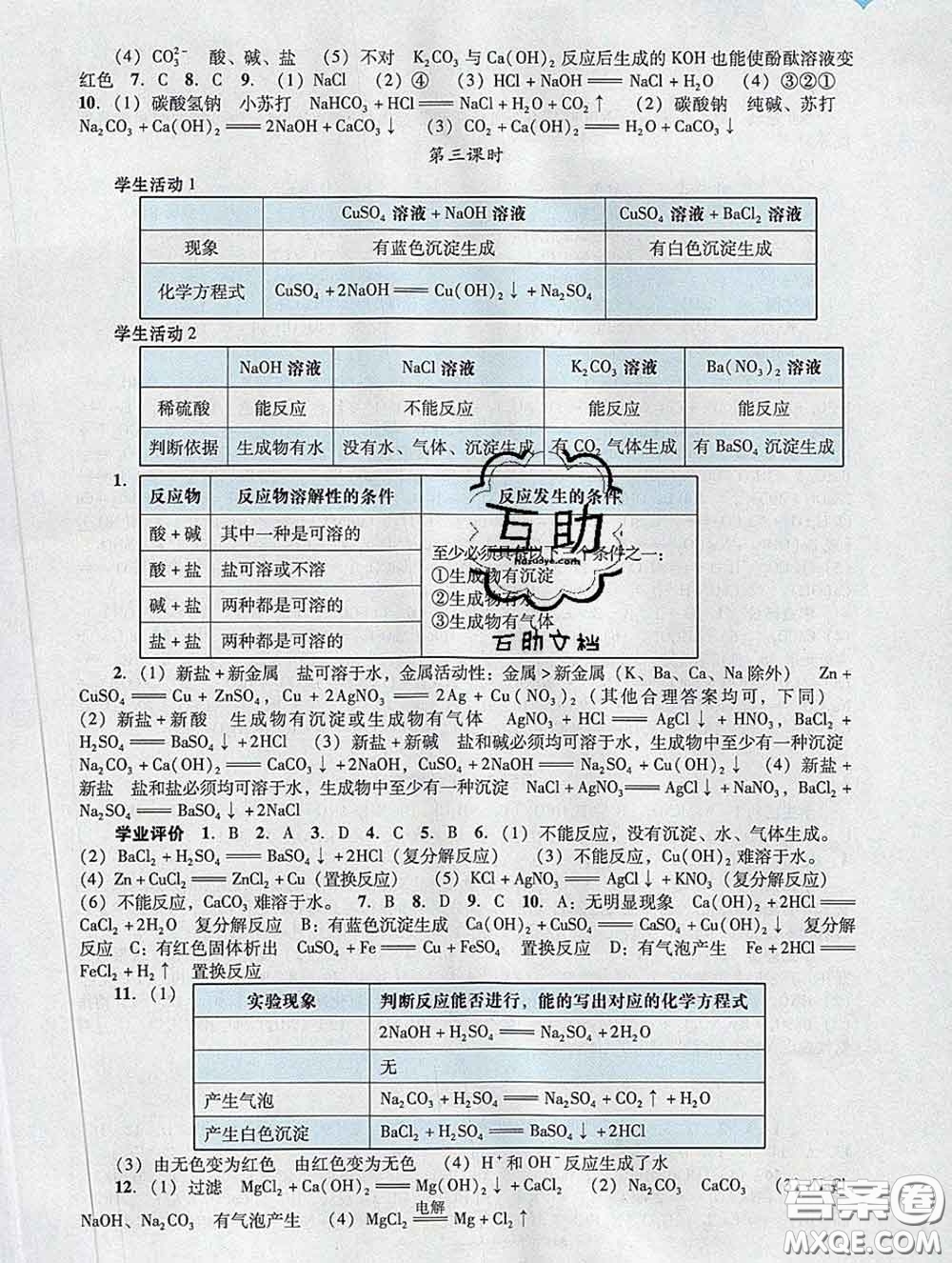 2020新版陽光學(xué)業(yè)評價九年級化學(xué)下冊人教版參考答案
