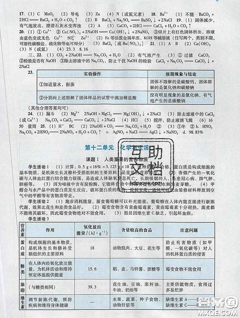 2020新版陽光學(xué)業(yè)評價九年級化學(xué)下冊人教版參考答案
