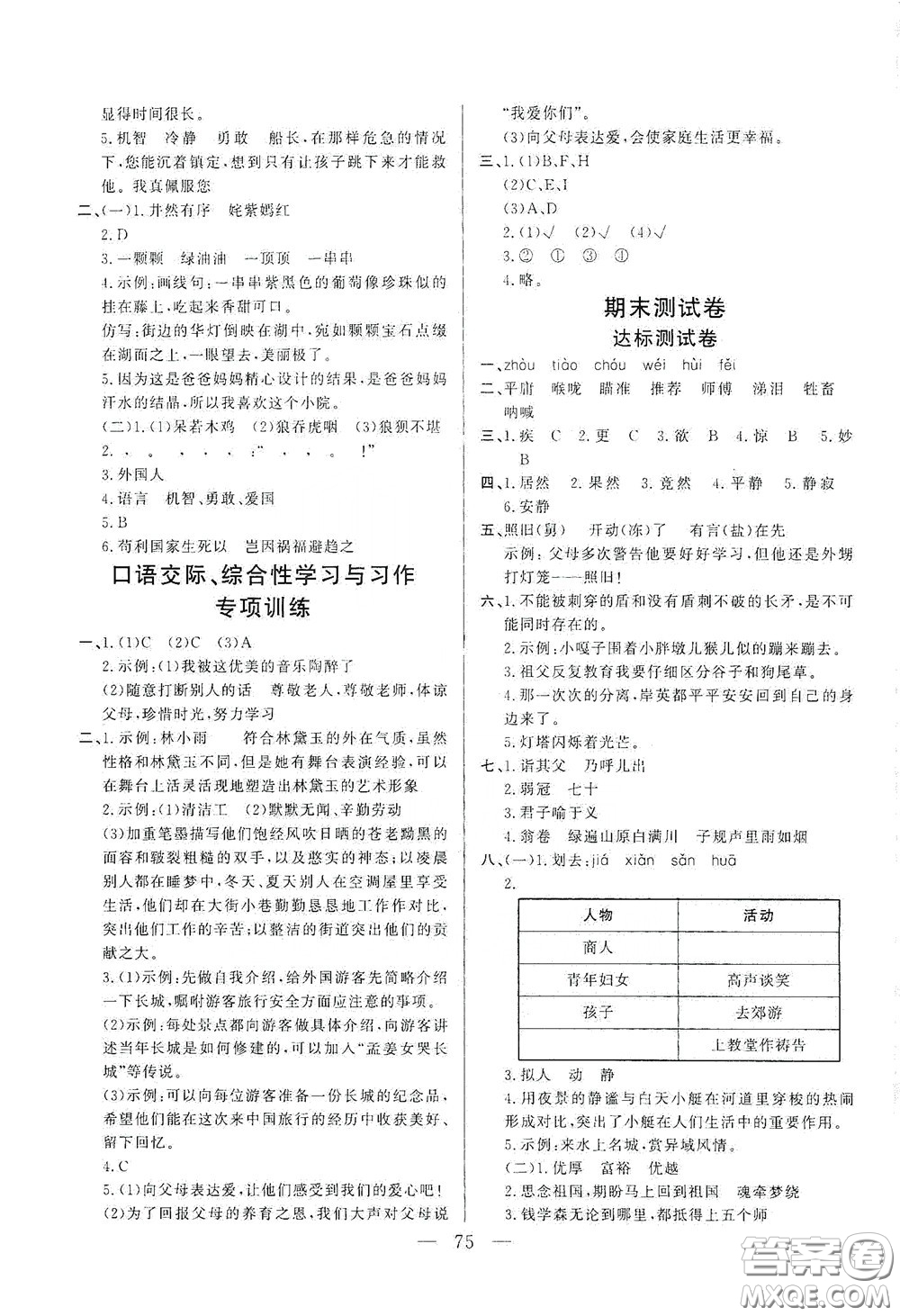 山東文藝出版社2020小學(xué)單元測試卷五年級(jí)語文下冊人教版答案
