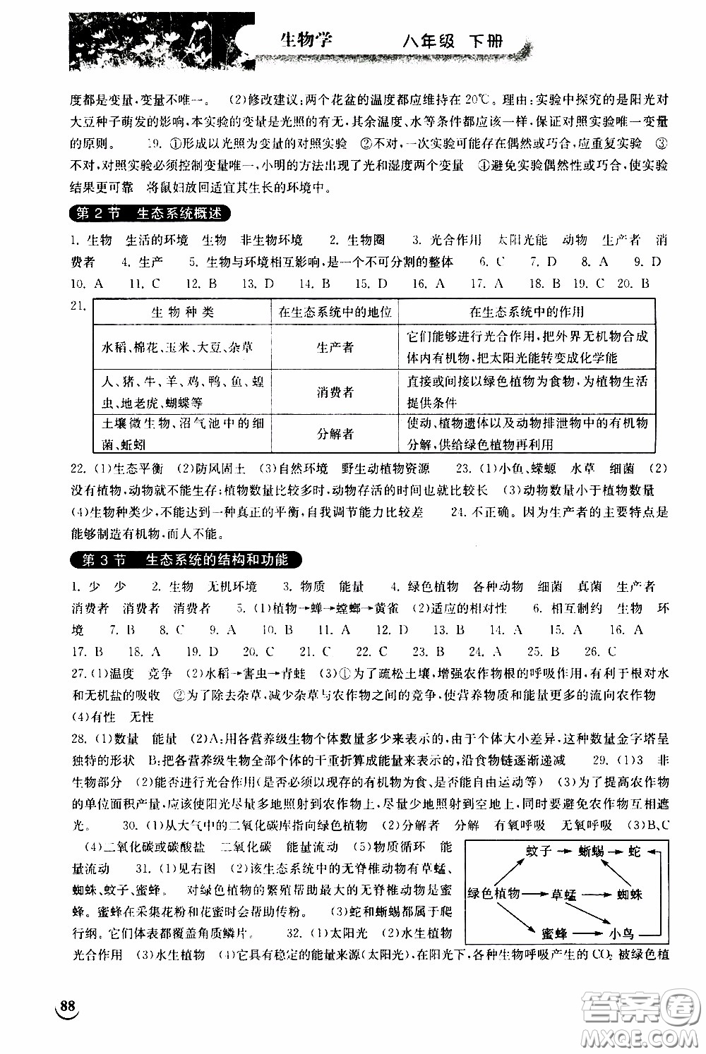 2020年長(zhǎng)江作業(yè)本同步練習(xí)生物學(xué)八年級(jí)下冊(cè)北師大版參考答案