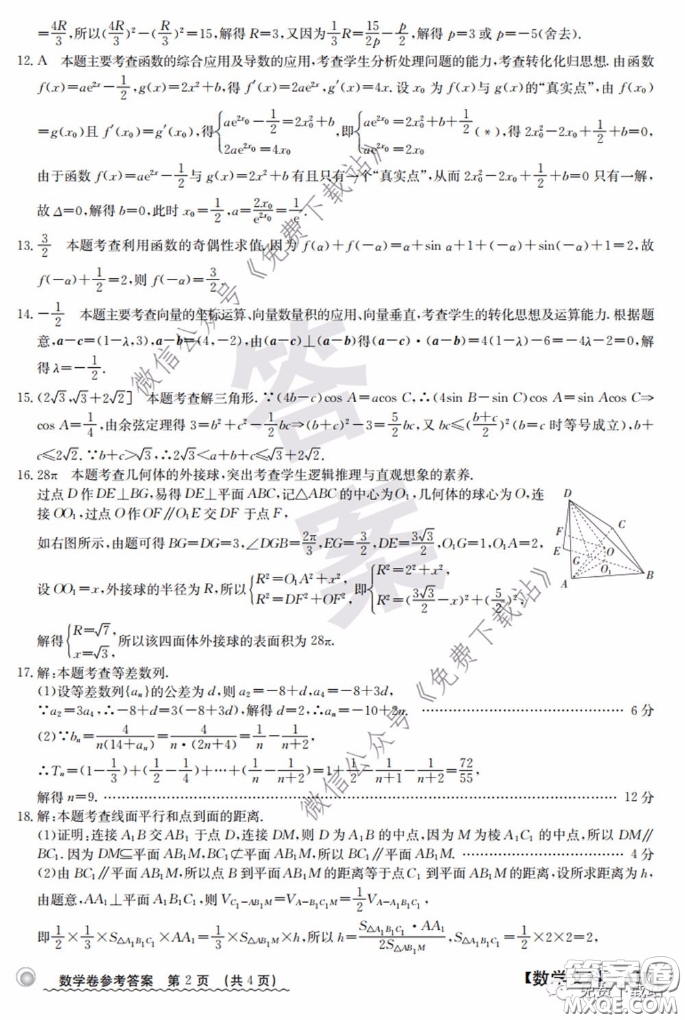 2020年安徽100所名校高三攻疫聯(lián)考文科數(shù)學(xué)答案