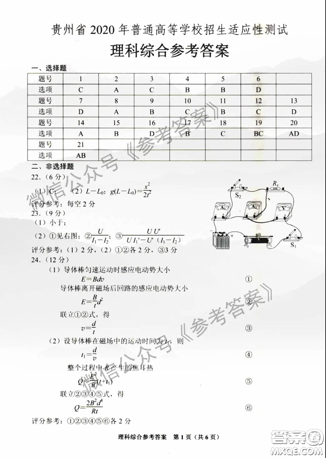 貴州省2020年普通高等學校招生適應性測試理科綜合參考答案