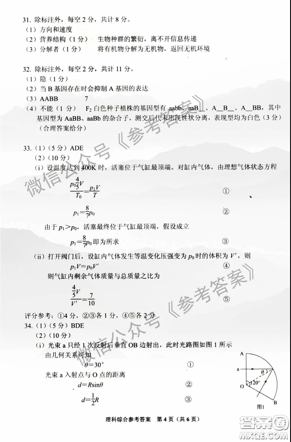 貴州省2020年普通高等學校招生適應性測試理科綜合參考答案