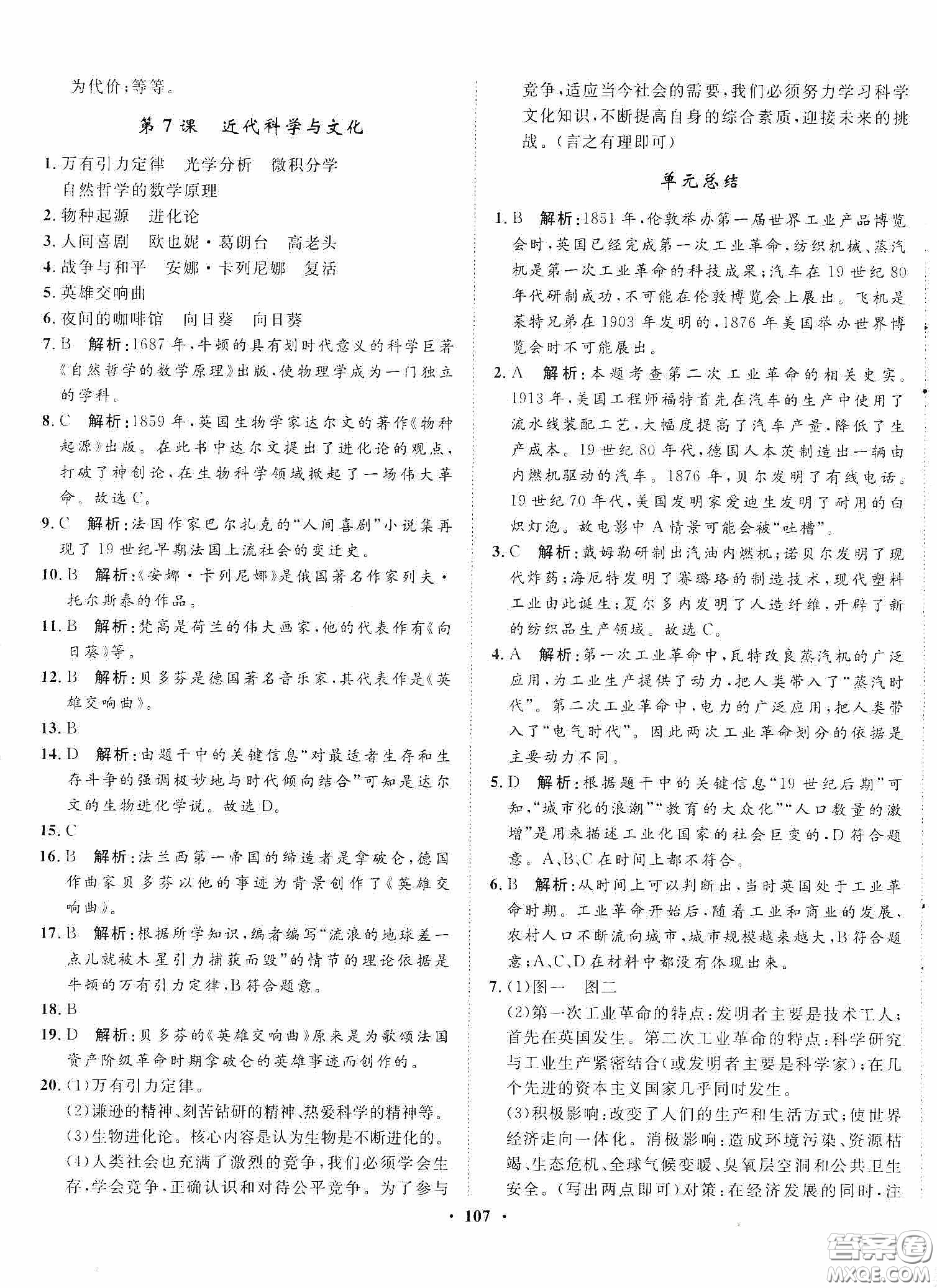 河北人民出版社2020同步訓(xùn)練九年級(jí)世界歷史下冊(cè)人教版答案