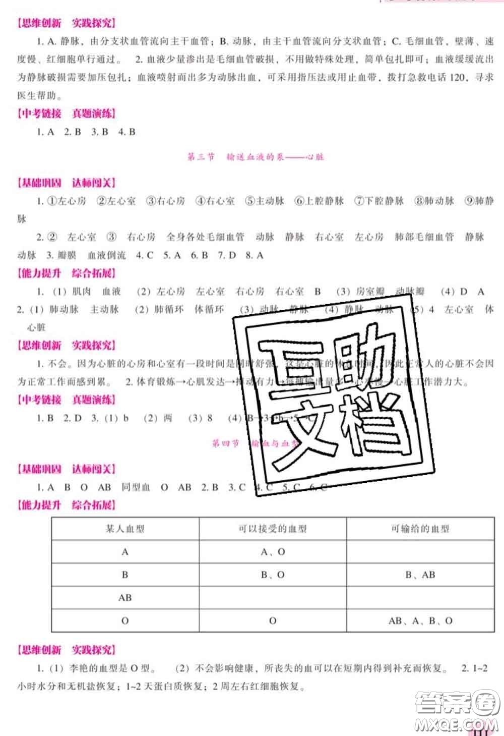 遼海出版社2020新版新課程生物能力培養(yǎng)七年級下冊人教版答案