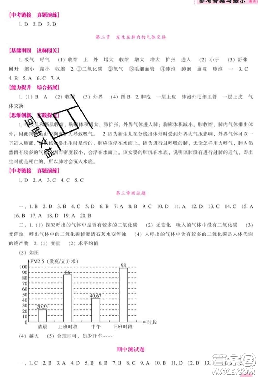 遼海出版社2020新版新課程生物能力培養(yǎng)七年級下冊人教版答案