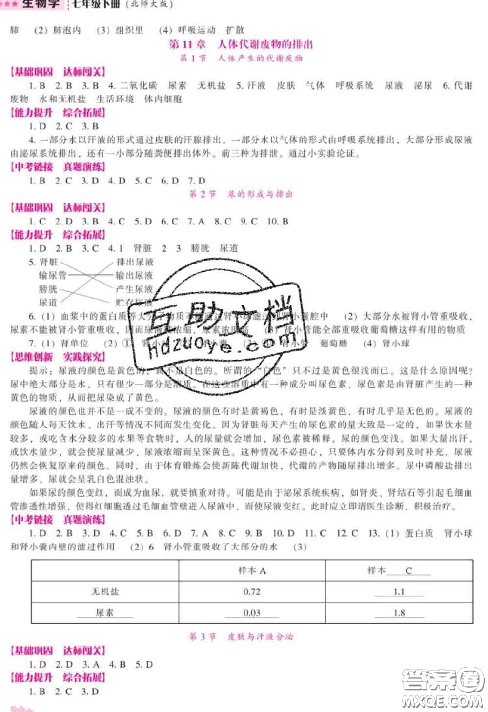 遼海出版社2020新版新課程生物能力培養(yǎng)七年級下冊北師版答案