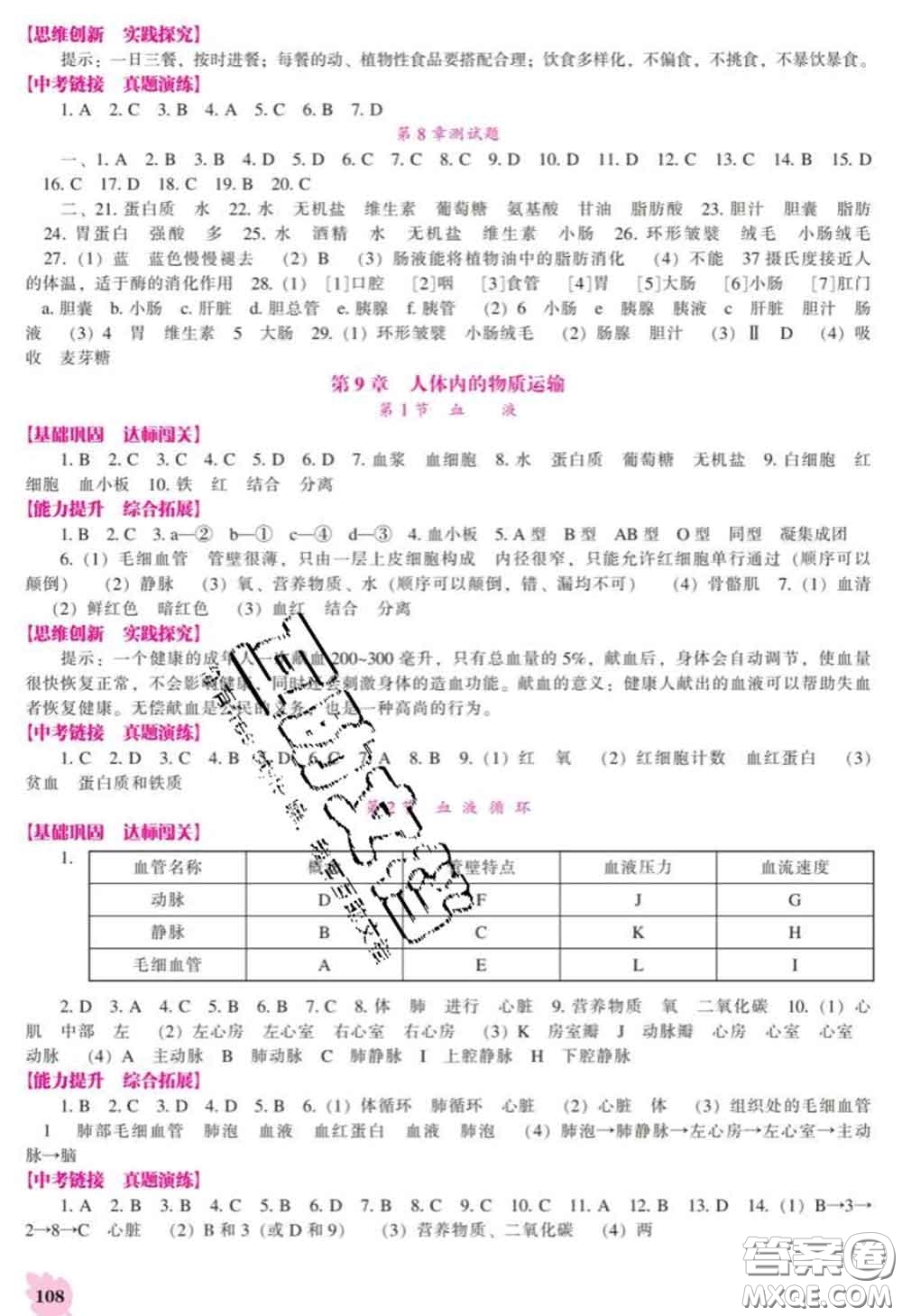 遼海出版社2020新版新課程生物能力培養(yǎng)七年級下冊北師版答案