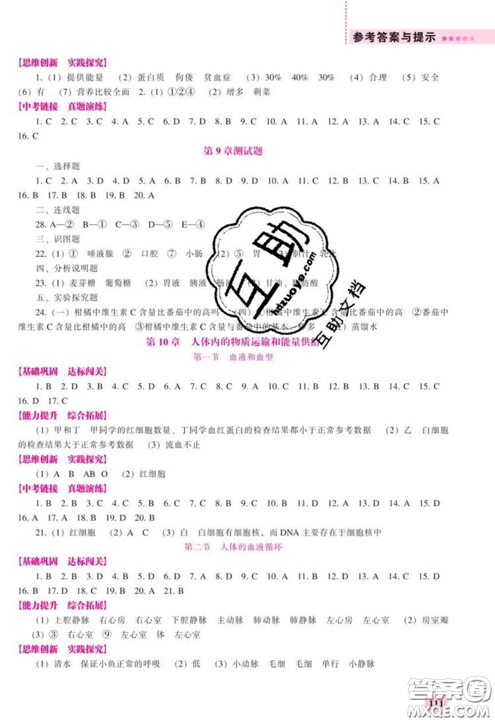 遼海出版社2020新版新課程生物能力培養(yǎng)七年級下冊蘇教版答案
