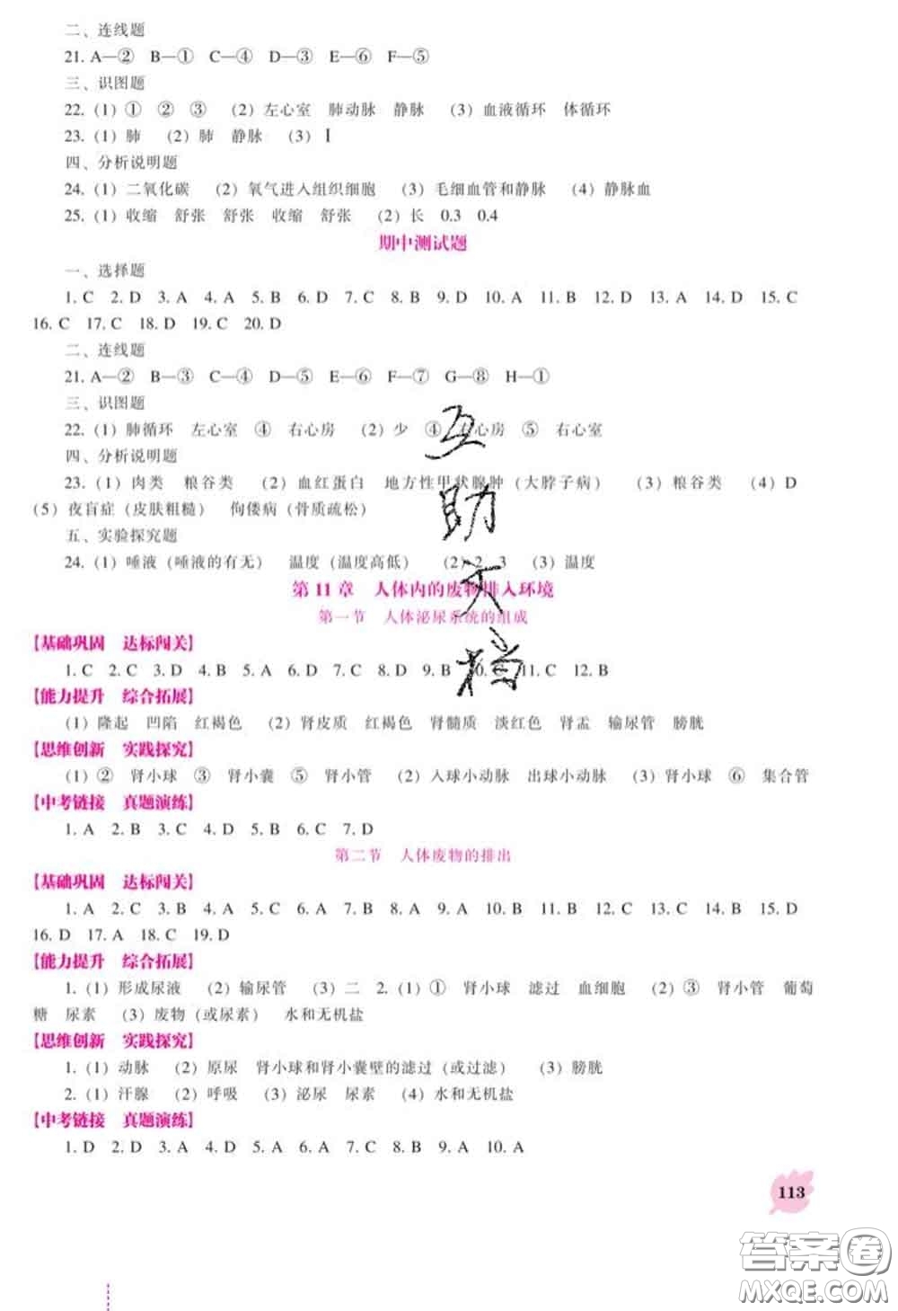 遼海出版社2020新版新課程生物能力培養(yǎng)七年級下冊蘇教版答案
