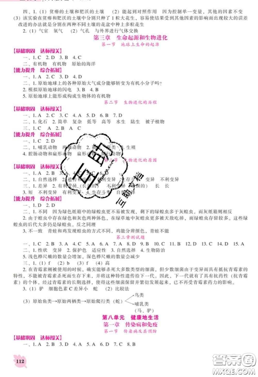 遼海出版社2020新版新課程生物能力培養(yǎng)八年級下冊人教版答案