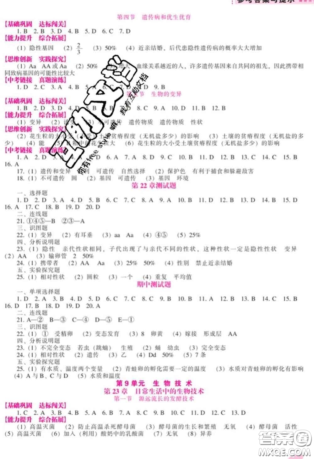 遼海出版社2020新版新課程生物能力培養(yǎng)八年級(jí)生物下冊蘇教版答案