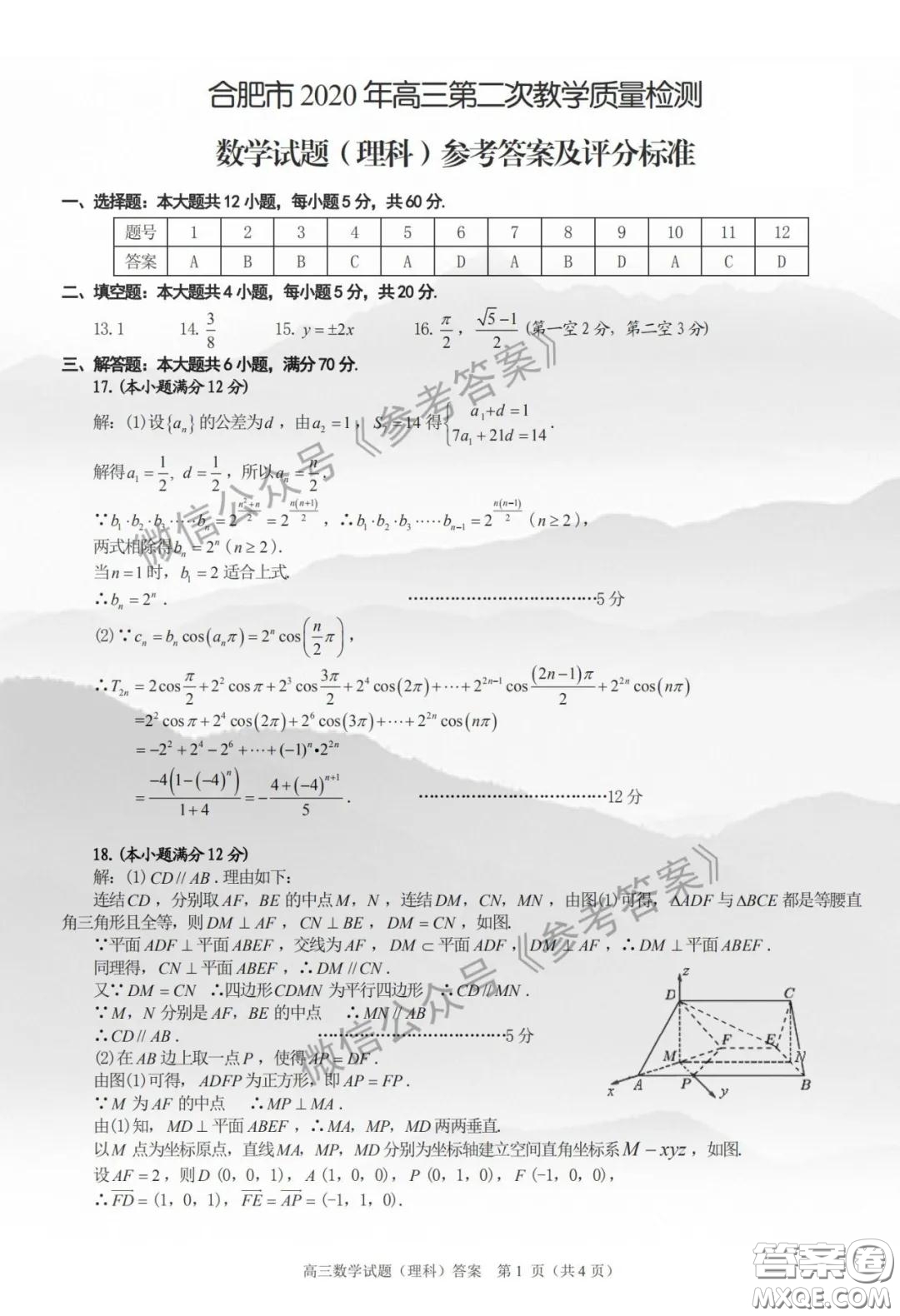合肥市2020年高三第二次教學(xué)質(zhì)量檢測理科數(shù)學(xué)試題及答案