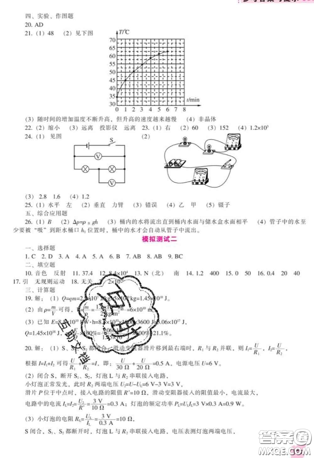 遼海出版社2020新版新課程物理能力培養(yǎng)九年級物理下冊人教版答案