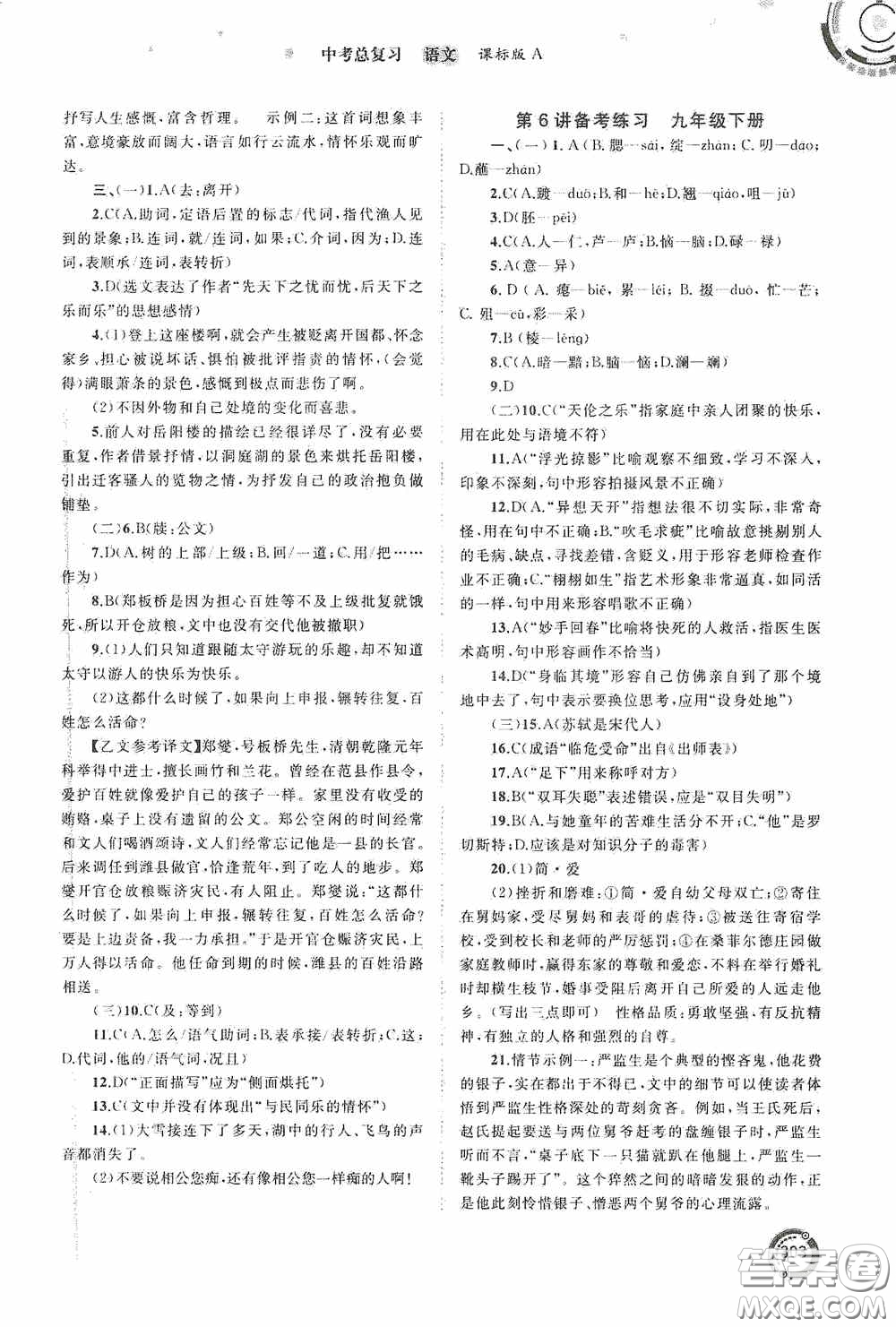 廣西教育出版社2020中考先鋒中考總復(fù)習(xí)語文課標版A答案