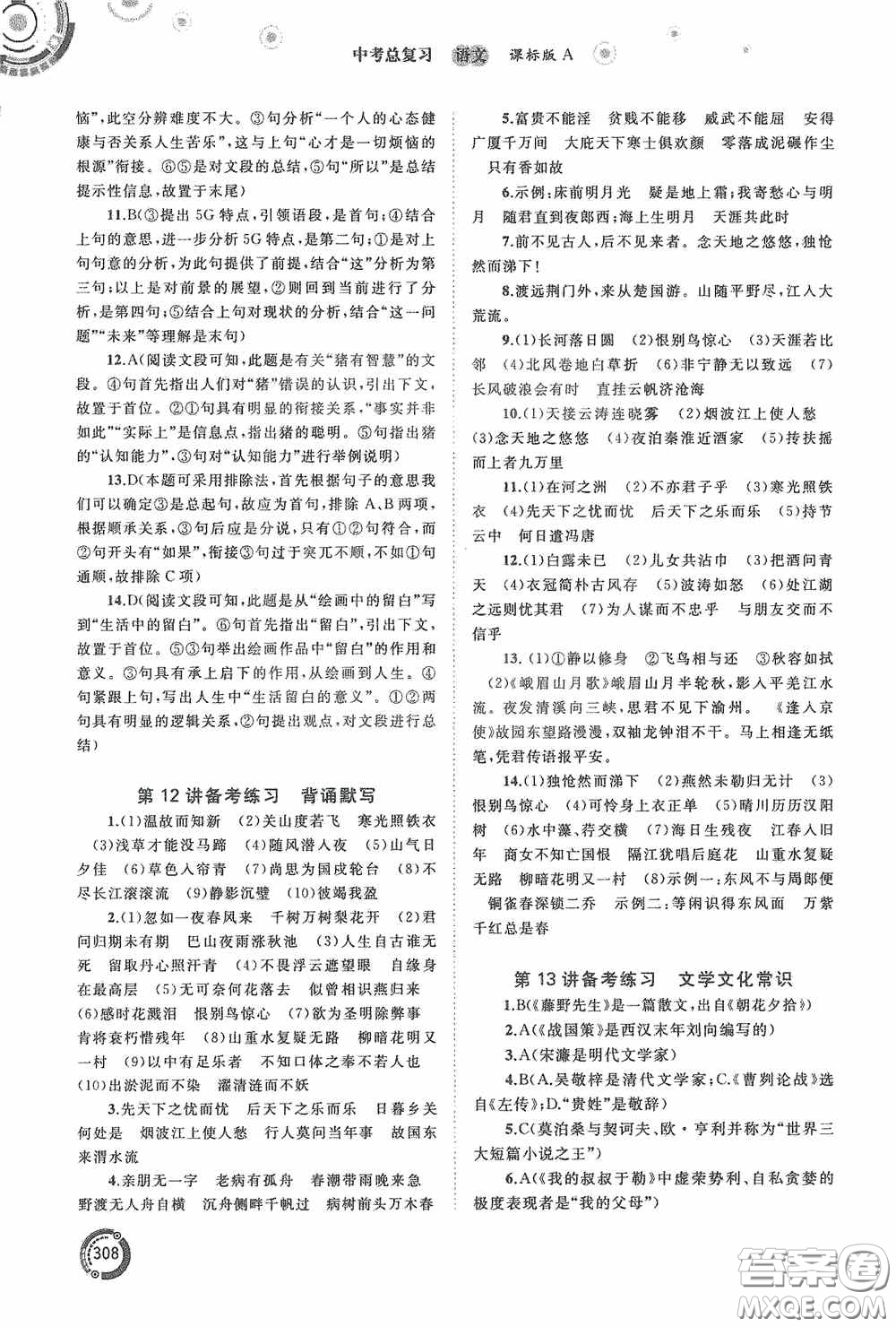 廣西教育出版社2020中考先鋒中考總復(fù)習(xí)語文課標版A答案