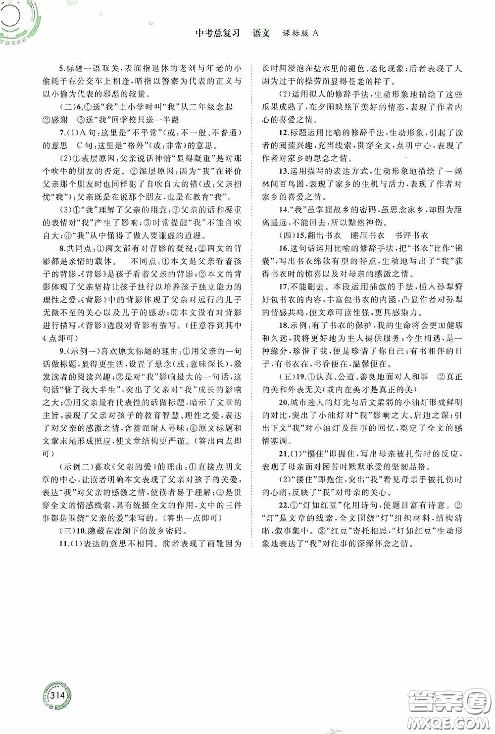 廣西教育出版社2020中考先鋒中考總復(fù)習(xí)語文課標版A答案