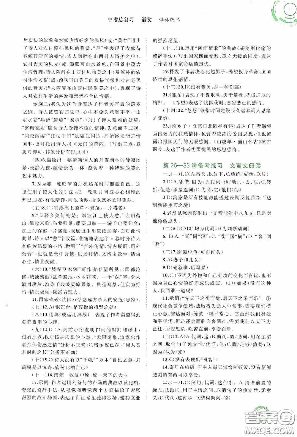 廣西教育出版社2020中考先鋒中考總復(fù)習(xí)語文課標版A答案