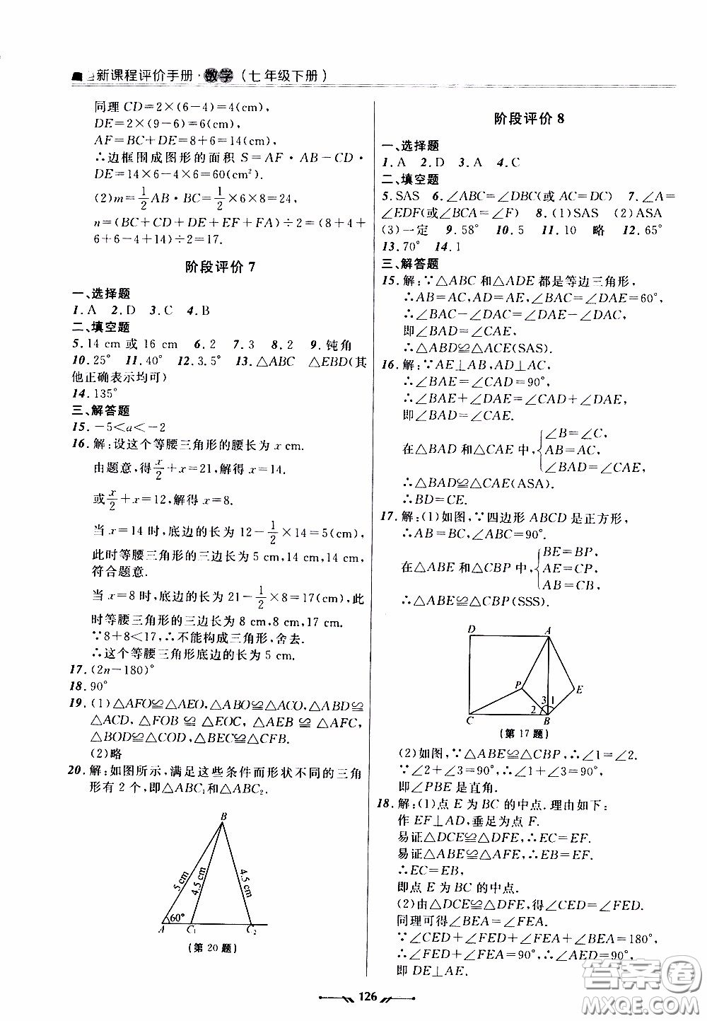 2020年新課程評價手冊數(shù)學(xué)七年級下冊北師版參考答案